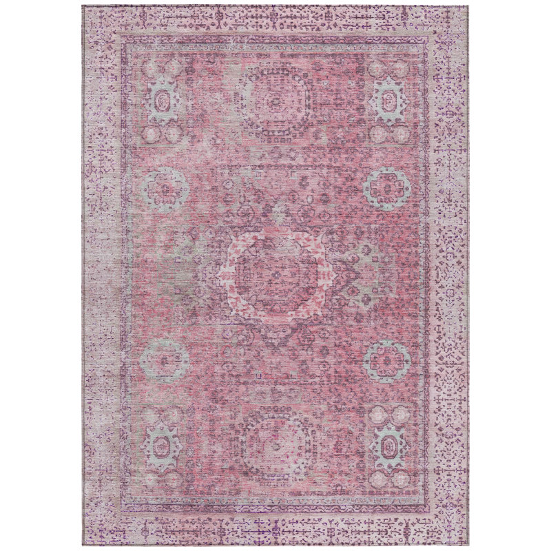 Machine Washable Indoor/Outdoor Xhevrie Pink Rug, Rectangle 3' x 5'
