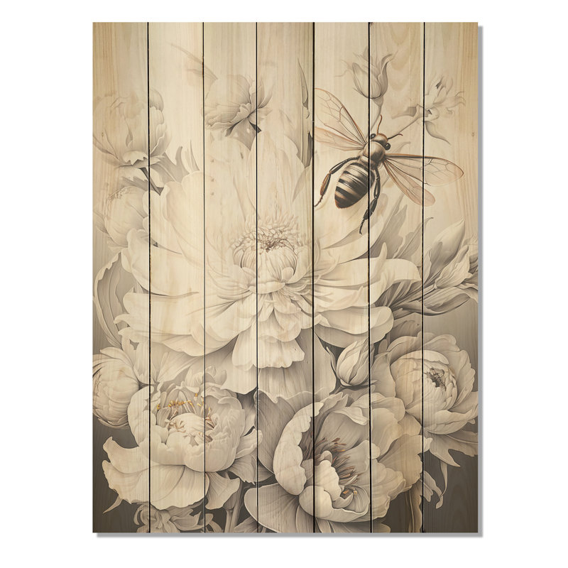 Fleurs blanches et noires à abeilles II - insectes et insectes sur bois, H 40 po x l 30 po