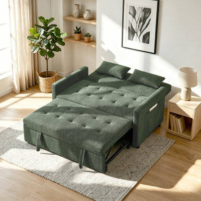 53"Sofa Bed, 3-in-1 Loveseat Sleeper Sofa with Pull Out Bed, Pockets and USB, Modern 2 Seater Convertible Small Couch for Living Room Bedroom Apartment,Corduroy Comfy Couches,Green