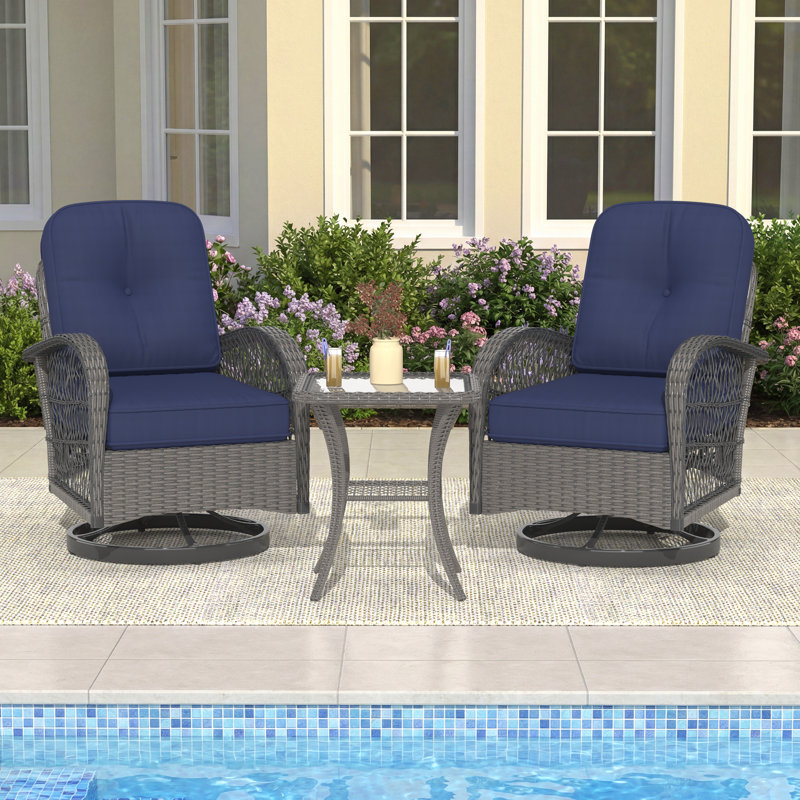 3 Pieces Outdoor Swivel Rocker Chairs, 360° Swivel Wicker Patio Bistro Set, Front Porch Furniture With Thickened Cushions And Tempered Glass Top Side Table For Porch, Garden, Backyard, Poolside