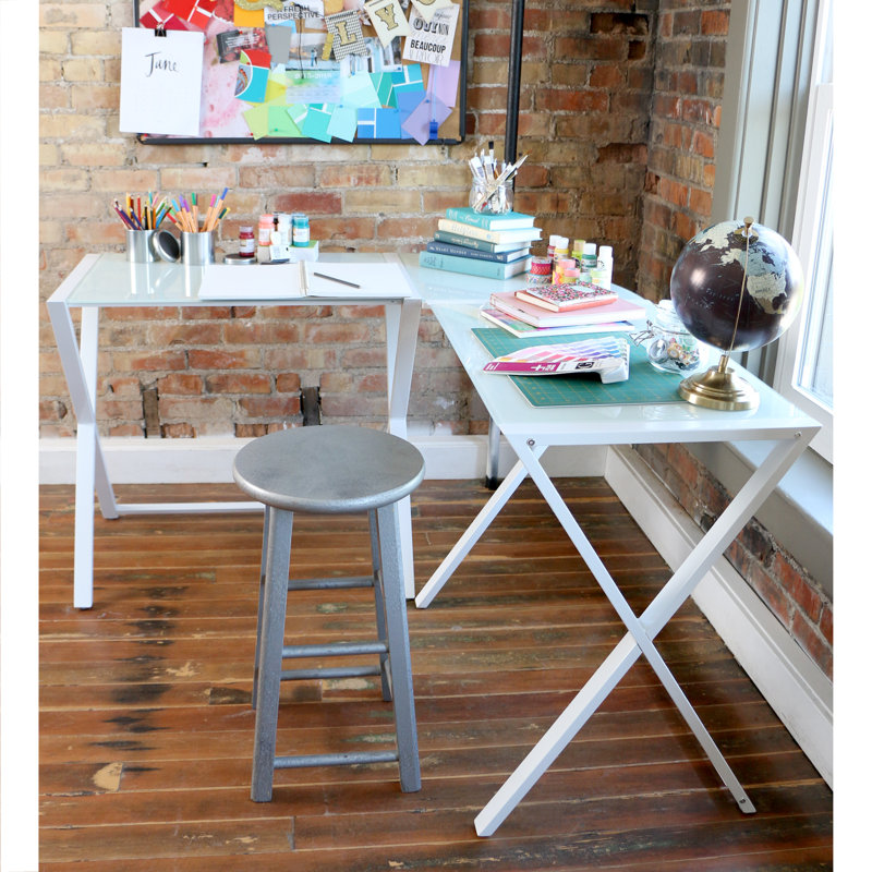 Ferro L-Shaped Metal Base Writing Desk, White
