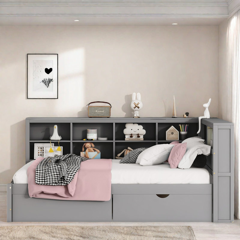 Lit de jour en bois avec 2 tiroirs, tablette de rangement et ports de chargement USB, Gris