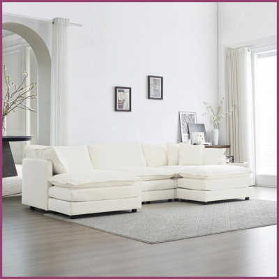 Modern Minimalist Chenille 5-Seat U-Shaped Sectional Sofa with Reversible Footrest &amp; 2 Ottomans - White for Living Room