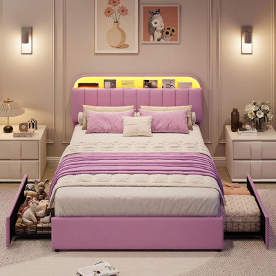 Structure de lit double avec tête de rangement, base de lit pour enfants avec 2 tiroirs, structure de lit tapissier en velours avec lumières, aucun sommier requis, assemblage facile, velours mauve