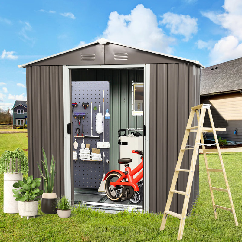 8Ft X 4Ft Outdoor Metal Shed With Galvanized Iron Frame & Easy Assembly Feature - Gray Foundation, Weather- Panels Lock, Gray