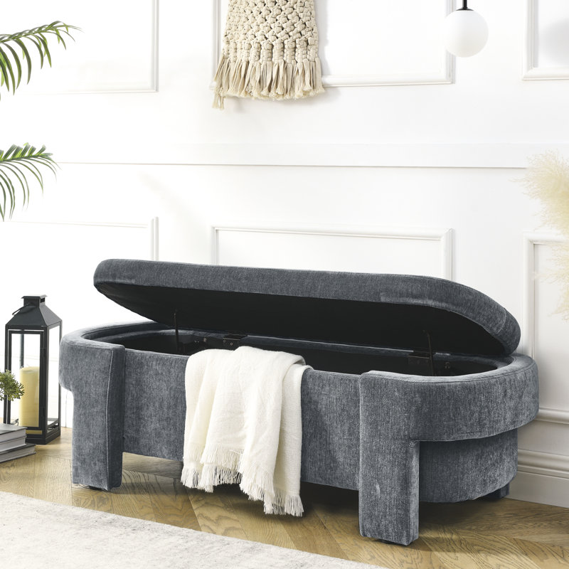 Banc de rangement en chenille de 51,5 po x 20,5 po x 17 po, gris, spacieux et confortable, sans assemblage requis à la maison avec pieds