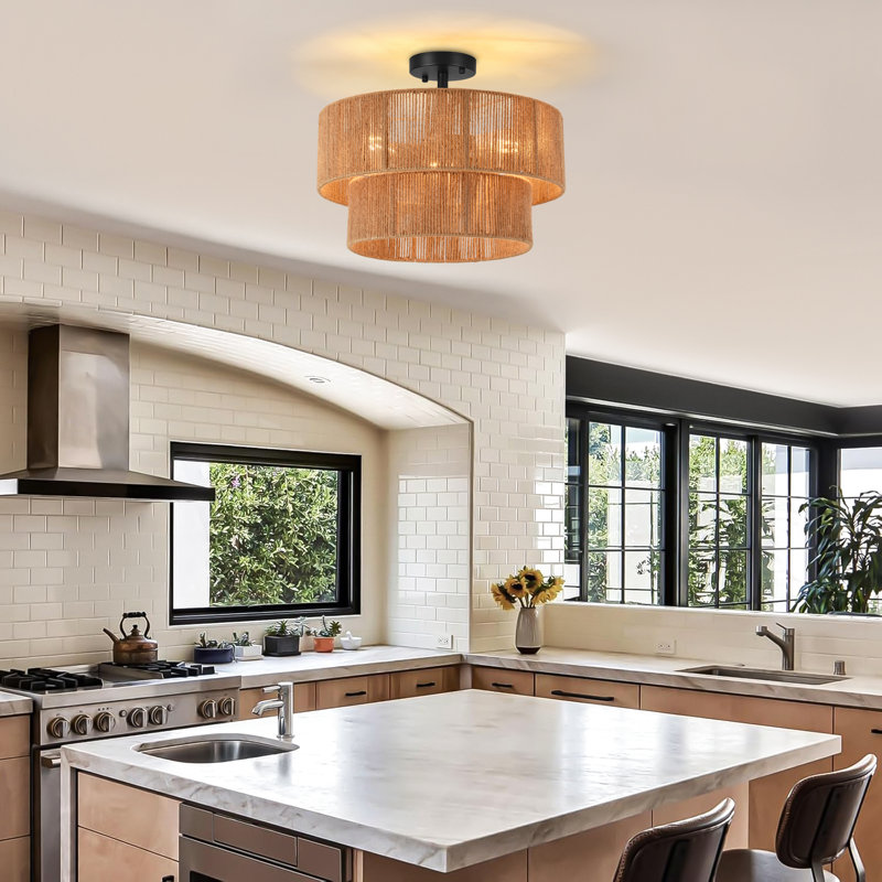 Vidrine 3 - Light Dimmable Rattan Semi Flush Mount Ceiling Light with 2-Tier Drum Shade for Living Room Kitchen Entryway Hallway Foyer