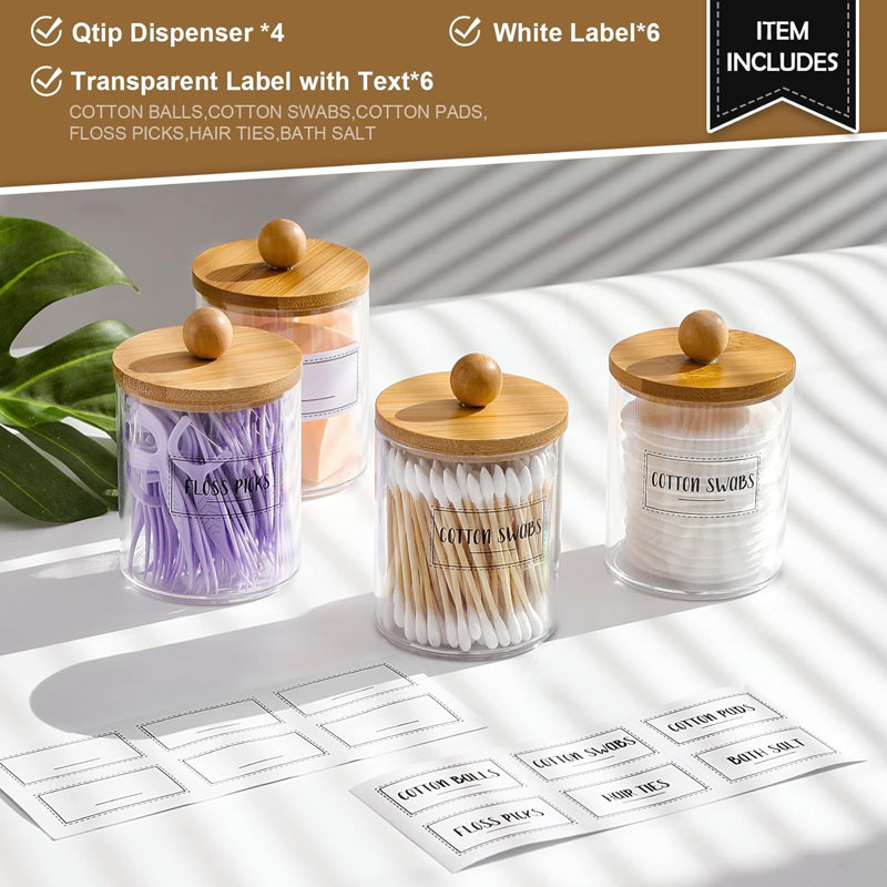 Paquet de 4 distributeurs de supports Qtip avec couvercles en bambou