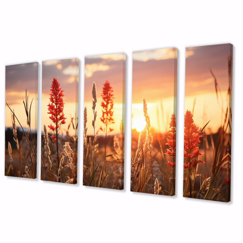 Champ de fleurs sauvages avec coucher de soleil - décoration murale florale - 5 panneaux égaux