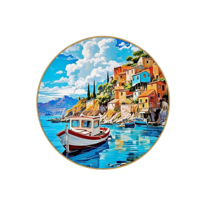 Boat And Seaside Town Themed Patterned Woven Base Decorative Carpet, Round 4'