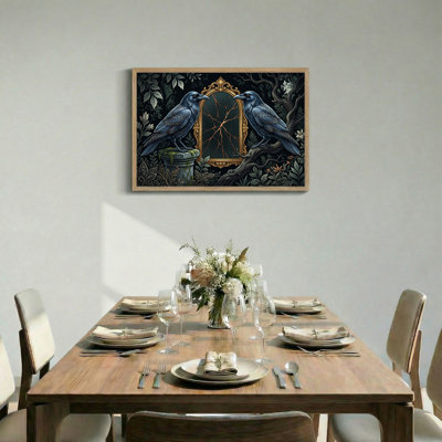 Ravens Facing Cracked Mirror in Gold Frame Forest Canvas Wall Art