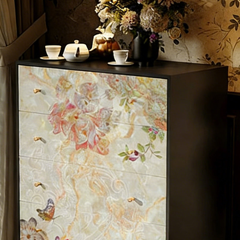 Armoire florale à 5 tiroirs en bois massif chinois, Noir