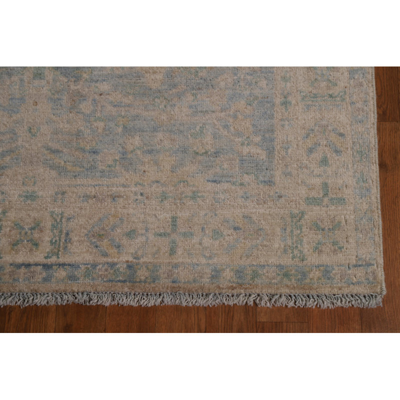 Tapis bleu en laine noué à la main de conception unique 3 pi 11 po x 4 pi 11 po New Age