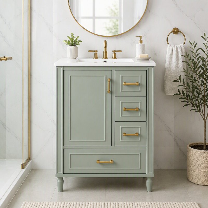 Meuble-lavabo moderne avec lavabo en céramique, porte à fermeture douce, 3 tiroirs et rangement compact pour les petits espaces