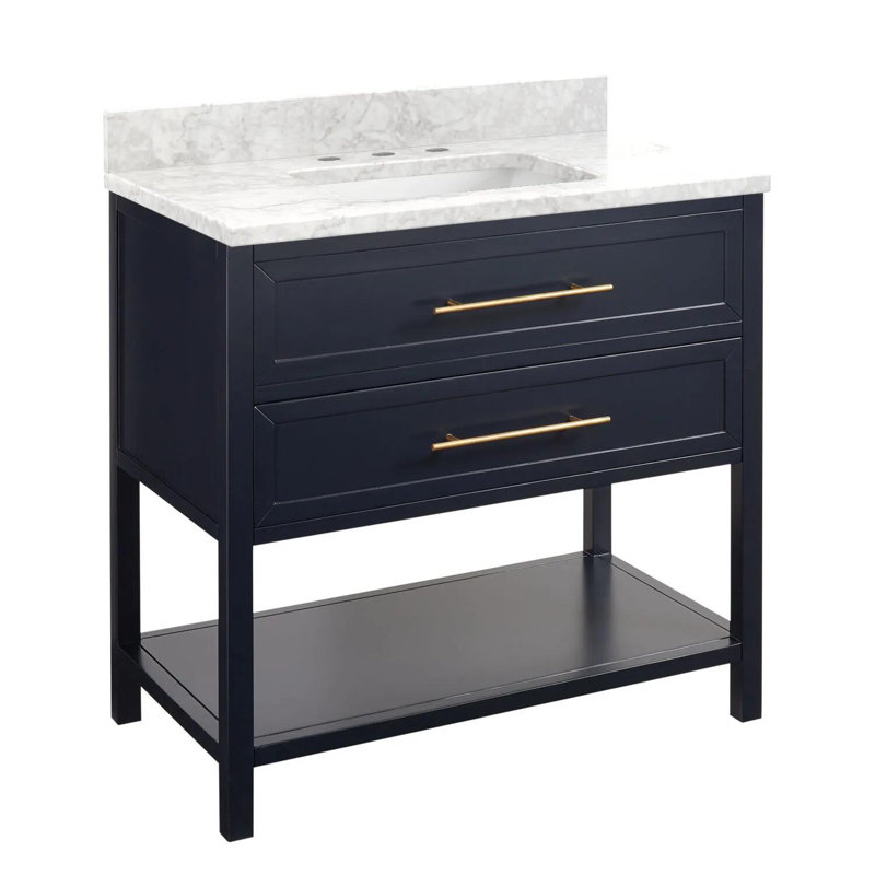 36" Robertson Single Bathroom Vanity Set with Rectangle Undermount Sink, Carrara Marble, Single Hole, Midnight Navy Blue