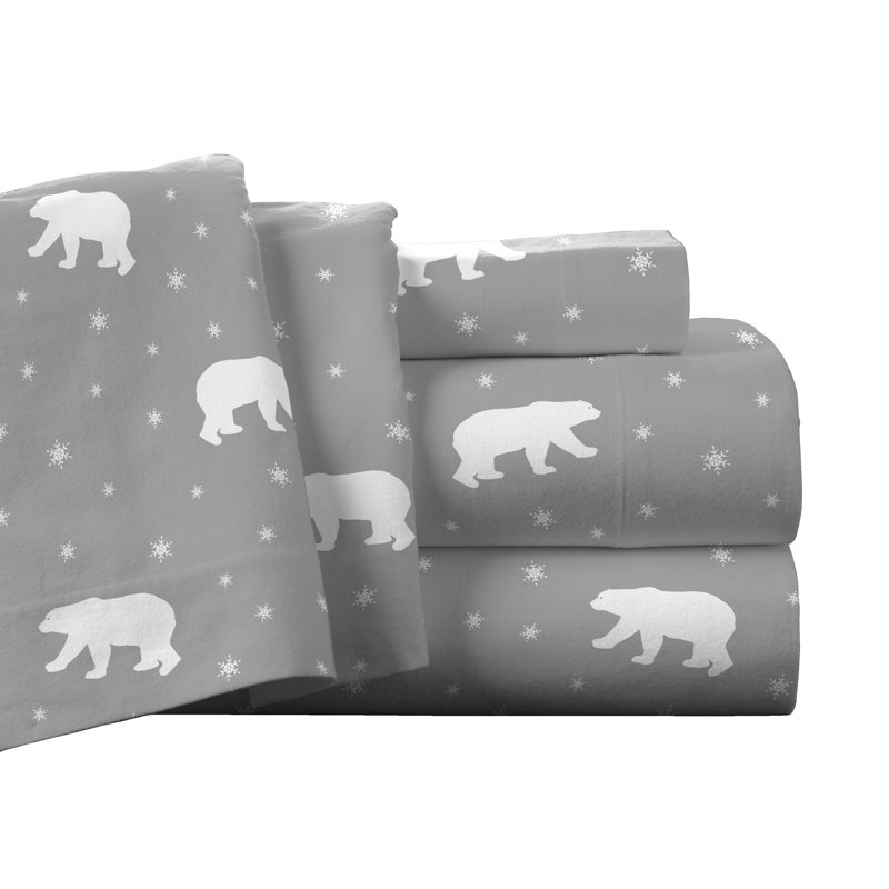Twin XL Gray Cotton Flannel Polar Bear Print Sheet Set