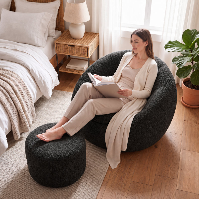 Fauteuil demi-tonneau surdimensionné noir de 39,4 po de large avec coussin lombaire et fauteuil rembourré de mousse pour le salon et la chambre à coucher