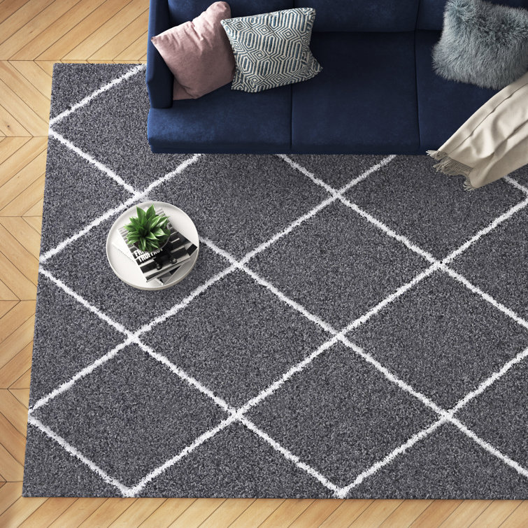 Geometric Diamond Grey/White Shag Area Rug for Living Room, Bedroom