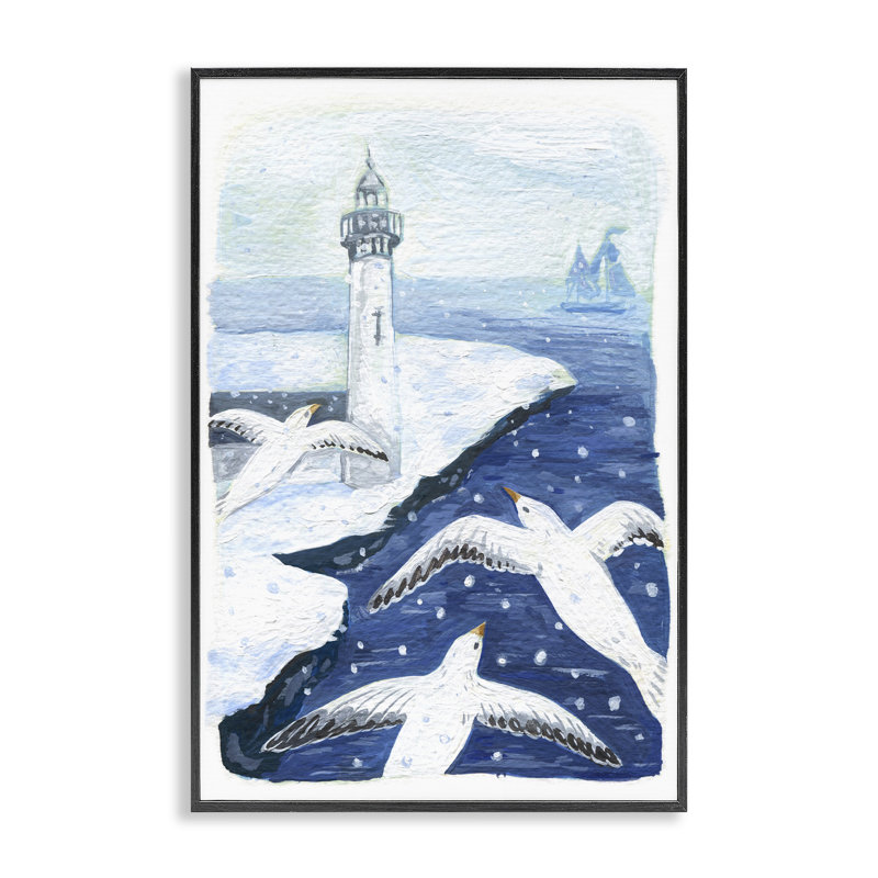«Snowy Winter Harbor Birds», estampe numérique, design par Hannah Moren, H 18 po x l 12 po, Giclée encadrée noir minuit