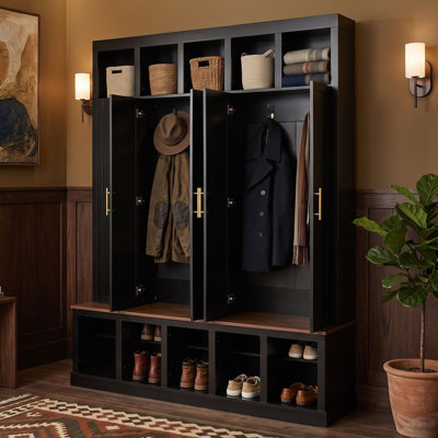 Armoire de rangement pour hall d'entrée avec 3 garde-robes verrouillables, casiers de présentation supérieurs, crochets et étagère à chaussures inférieure