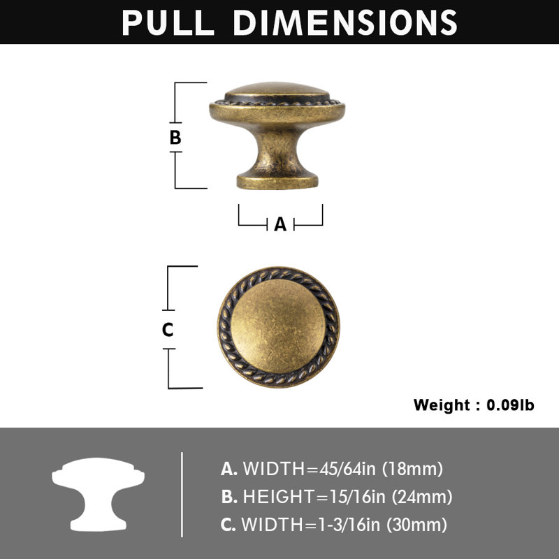 45/64" Diameter Knob, Antique Brass