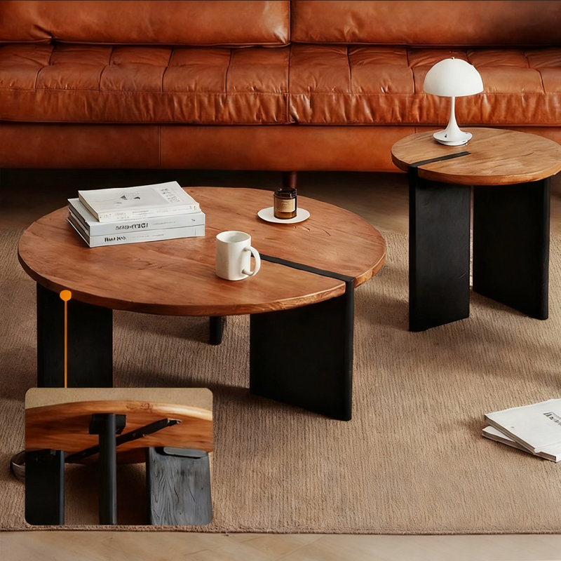Table basse ronde en bois massif rétro noir