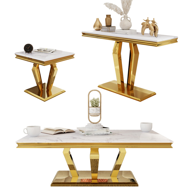 Ensemble de table de salon 3 pièces, ensemble de table basse de luxe avec plateau blanc et structure en acier inoxydable en forme de losange doré, 1 table basse + 1 console + 1 table de bout pour le bureau personnel