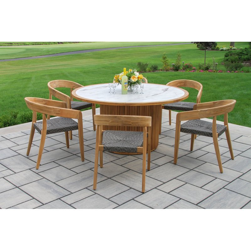 Estate 7 Pc. Round Teak & Stone Dining Set With Wicker Stacking Chairs, Ivory, Gray/Natural