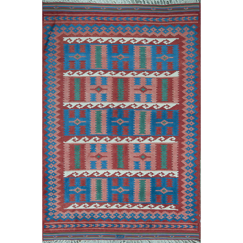 Tapis bleu, rose et rouge noué à la main de haute qualité