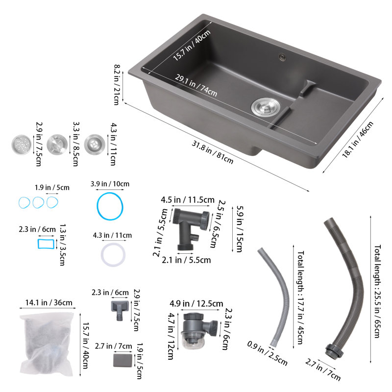 Graphite Grey Quartz Composite Single Bowl Drop-In Kitchen Sink with Built-in Drainage Ledge