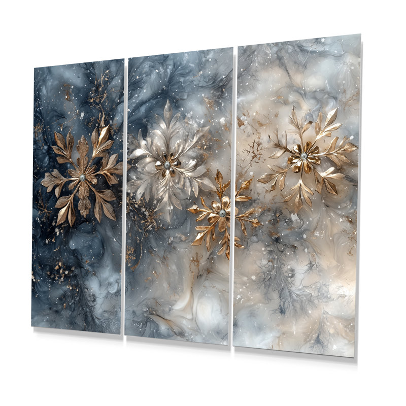 Or doré, flocons de neige II - ensemble d'art mural de Noël, Métal métal, H 28 po x l 36 po x P 1 po