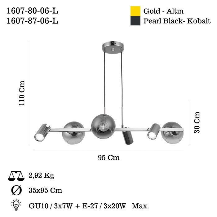 Antique Lacquer Chandelier, Metal Body, Adjustable Height 11.8 to 43.3 inches | Base Plate 5.9 x 5.9 x 1.2 inches | 3 x E27 Max 40W & 3 x GU10 Max 5W Sockets | Elegant Lighting Fixture for Dining Room & Living Spaces, Bulb Not Included