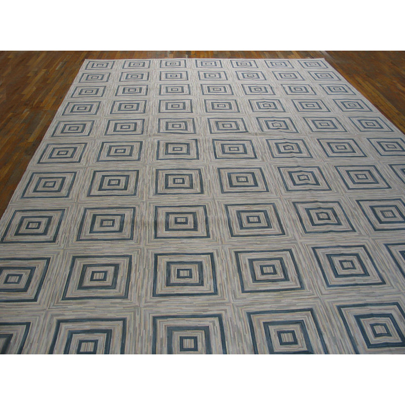 Tapis bleu / gris en laine noué à la main de conception unique 9 pi x 12 pi