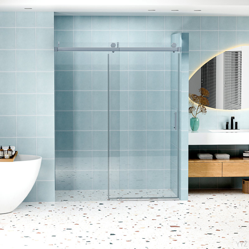 56" - 60" W X 76" H Frameless Soft-Closing Single Sliding Shower Door, 1/4" (6Mm) Tempered Glass With Explosion-Proof Coating