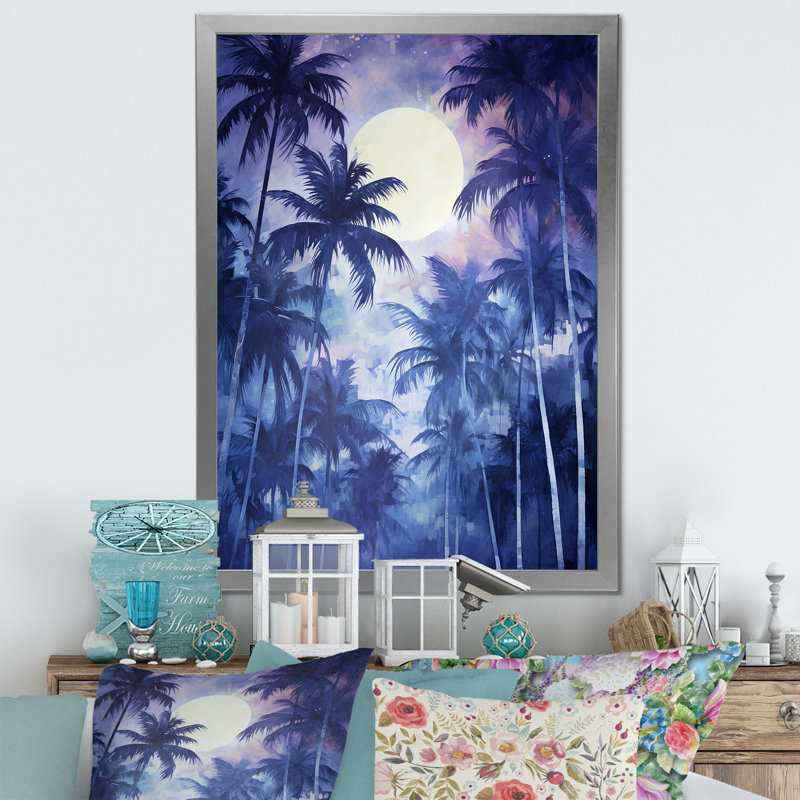 «Indigo Mystical Plam Tree Magic Impressions II», reproduction sur toile, Encadrement argenté, H 20 po x l 12 po x P 1 po