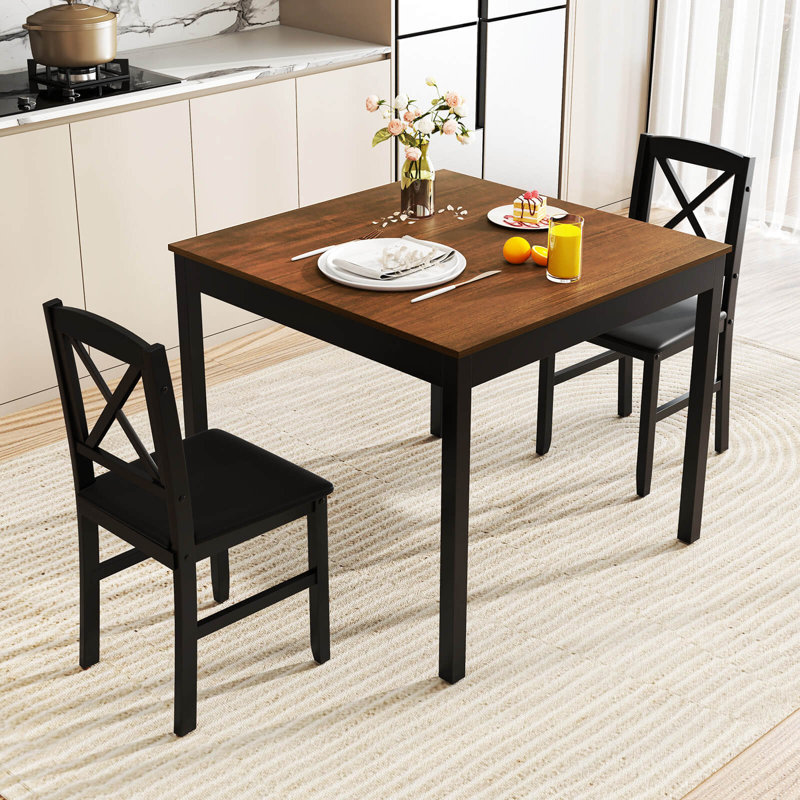 3 Pcs Dining Table Set Wooden Square Kitchen Table With 2 Upholstered Chairs, Brown