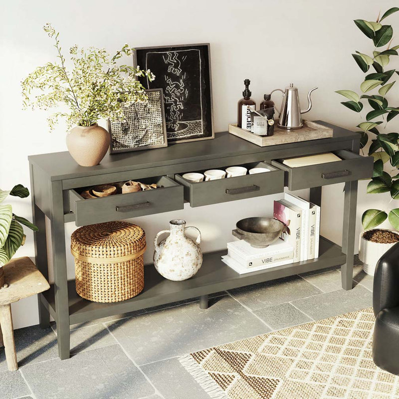 Farmhouse Console Table with 3 Drawers, Gray