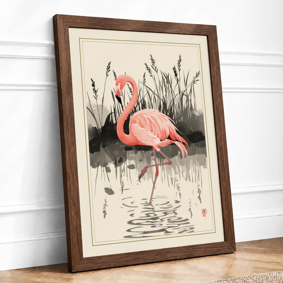 Flamingo in Shallow Water Japandi - Framed Print