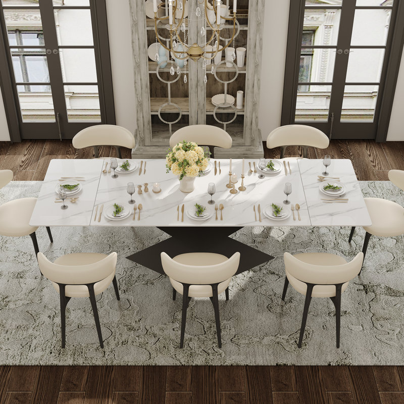 63''-94'' Expandable Dining Table for 6-8, White Sintered Stone Kitchen Table with Black Stainless Steel Base
