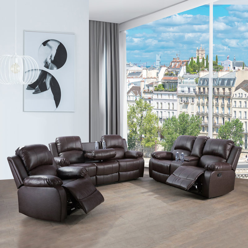 Ensemble de salon inclinable manuel en cuir 3 pièces Vegan, 3, Brown Genuine Leather