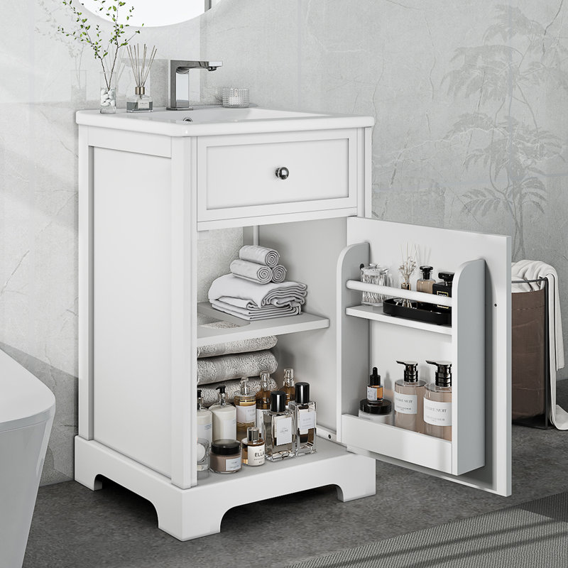 Meuble-lavabo blanc de 20 po avec lavabo, armoire de salle de bain moderne avec porte à fermeture douce et tablette de rangement