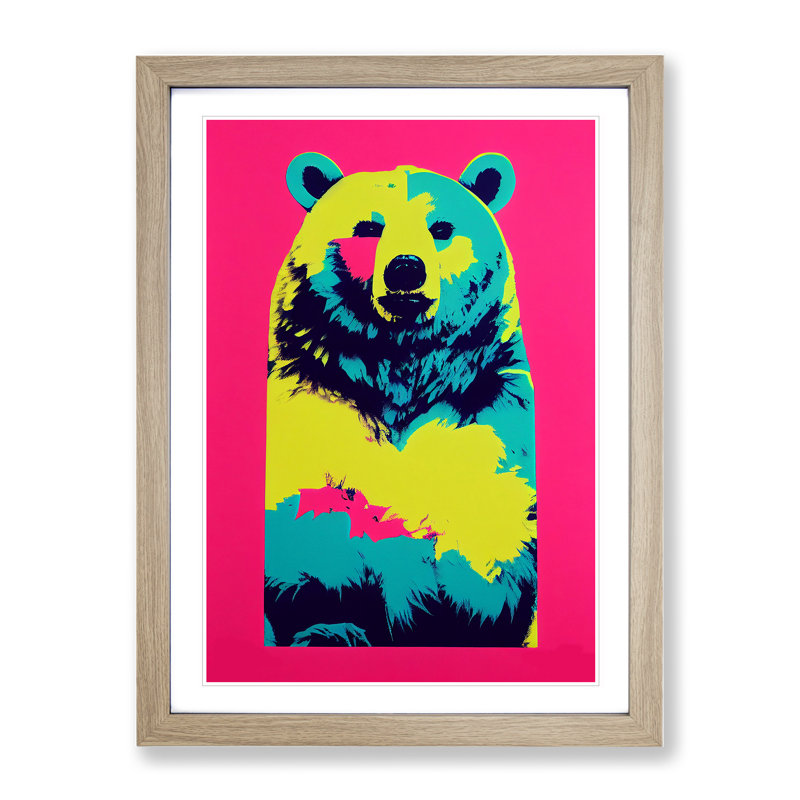 Neon Bear - Framed Print, 64cm H x 46cm W x 2cm D, Oak