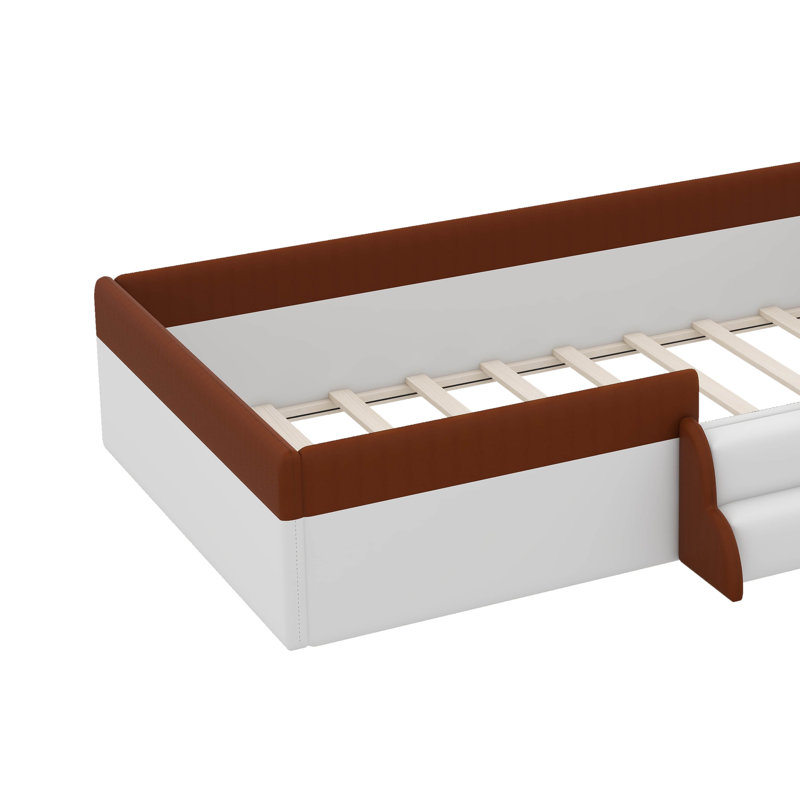 Twin-Sized Daybed Frame, Upholstered With Fence And Integrated Stairs, Brown/White, Twin