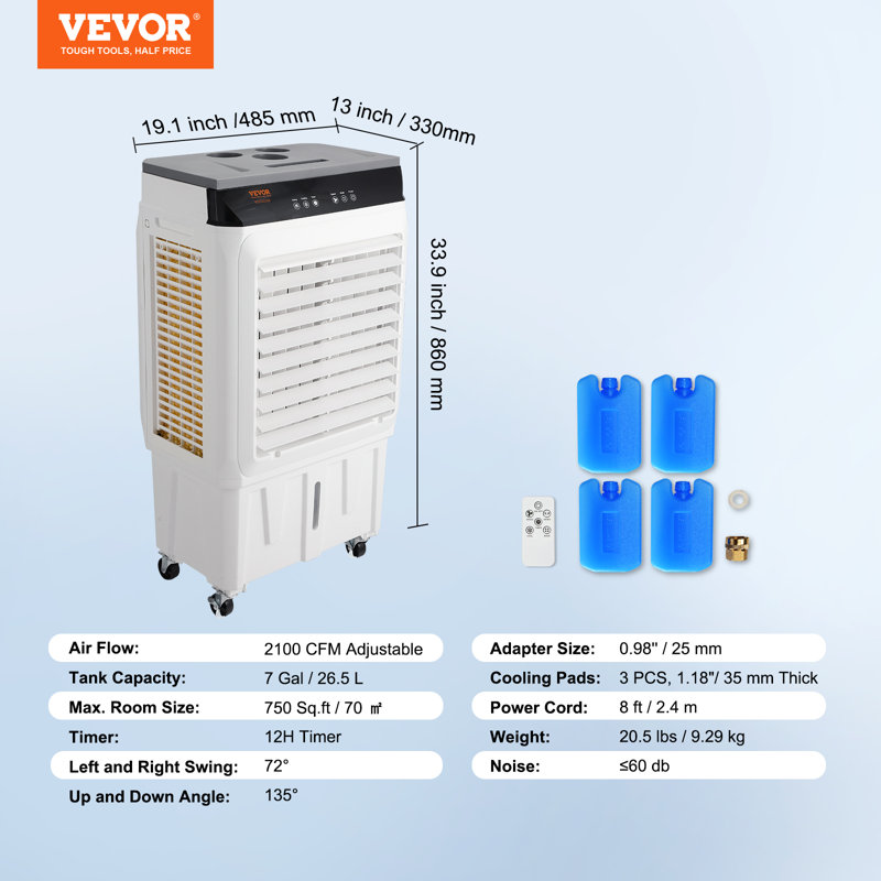 VEVOR 2100 CFM Portable Evaporative Air Cooler with Remote Control