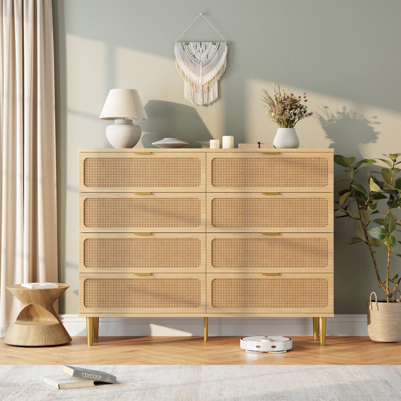 Rattan 8 Drawer Dressers for Bedroom, Tall Dresser with Deep Drawers, Ivory