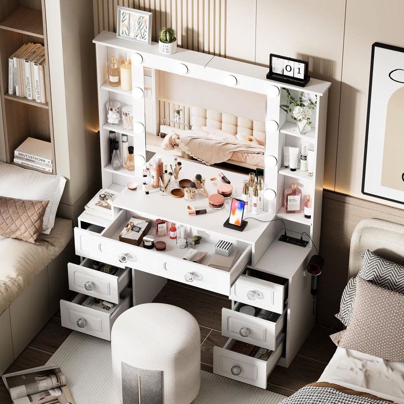 Dressing Table, Women, Lights, Mirror, Drawers, Stool, Brightness Control, Open Storage Vanity Desk, Glass Top, Cushioned Adjustable, Ports, Hair Dryer Holder, Bedroom Makeup