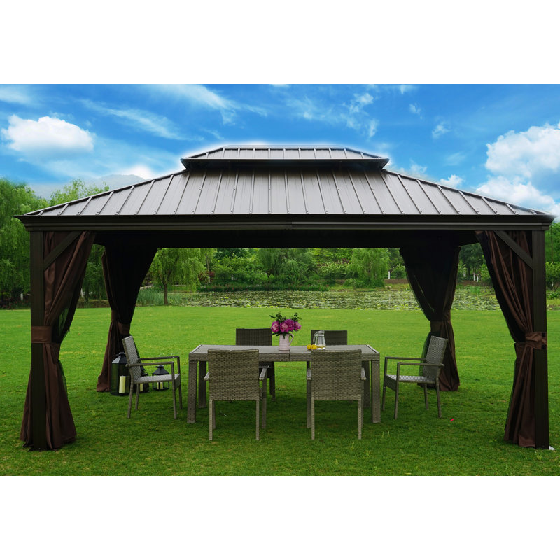 Kozyard Alexander 12' x 16' Brown Aluminum Hardtop Gazebo with Curtains