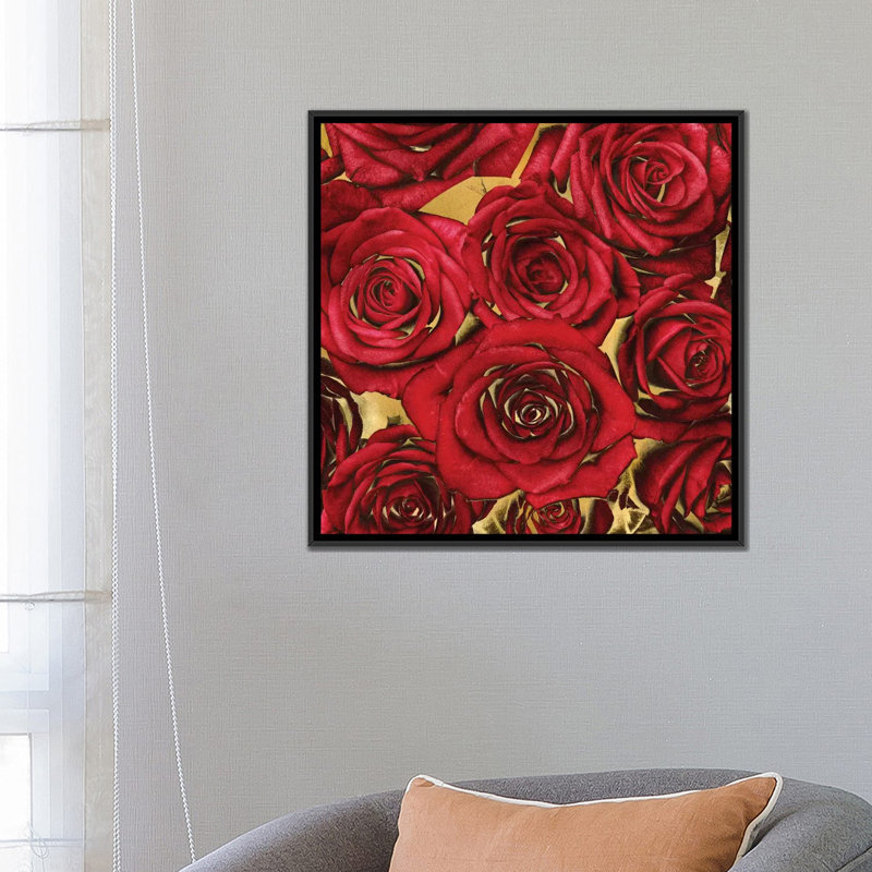 « roses-rouge on gold », impression sur toile, H 26 po x l 26 po x P 1,5 po, Toile avec cadre noir, Pas de tapis