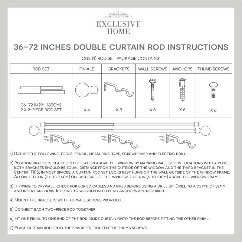 Gunmetal Double Curtain Rod with Twisted Iron Finials, 36"-72"