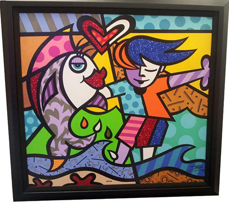 «Boy and a Fish», estampe numérique sur toile en édition limitée, signée par Joza, encadrée 32 x 32.